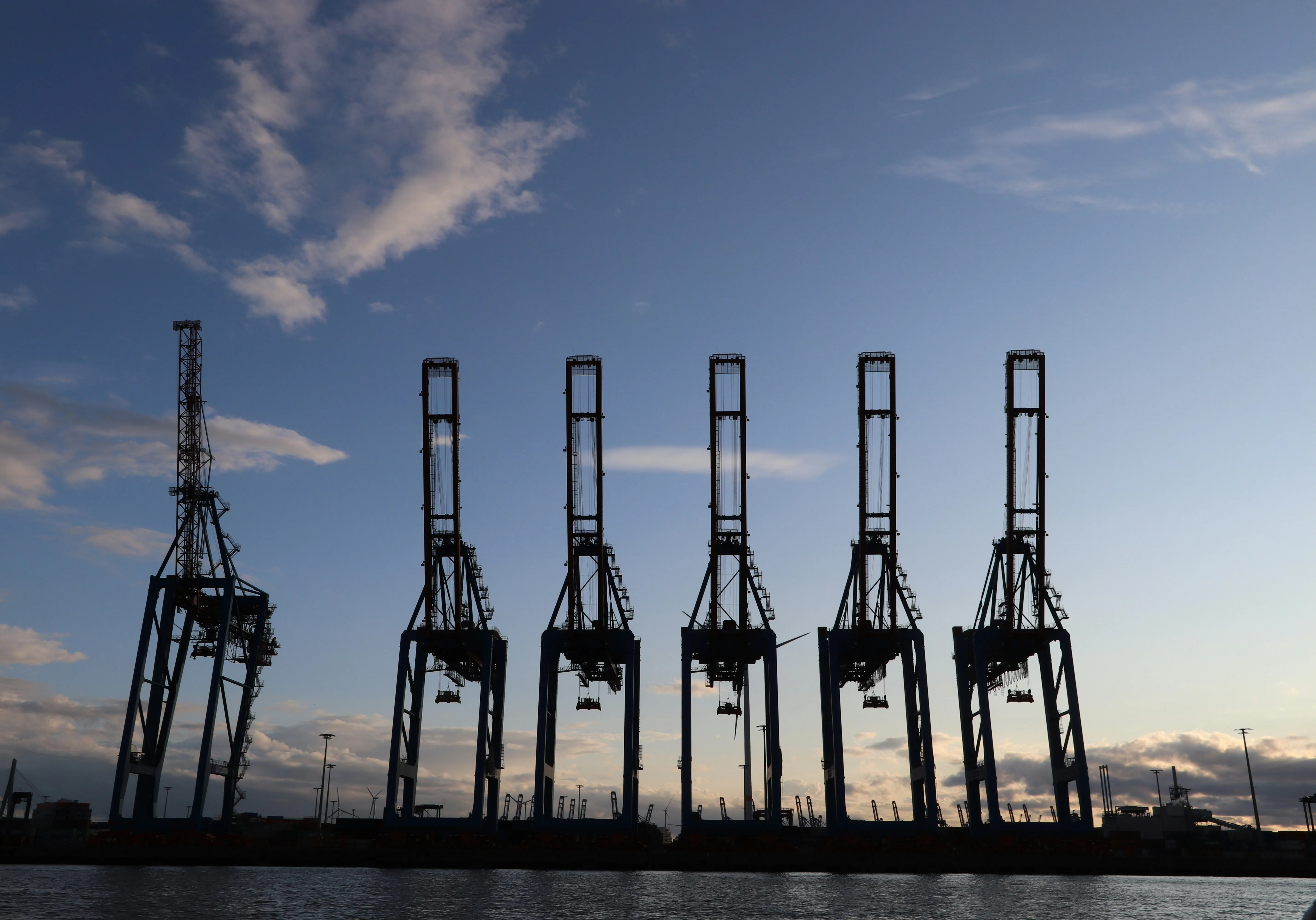Grúas pórtico de contenedores en silueta contra el cielo en un terminal portuario