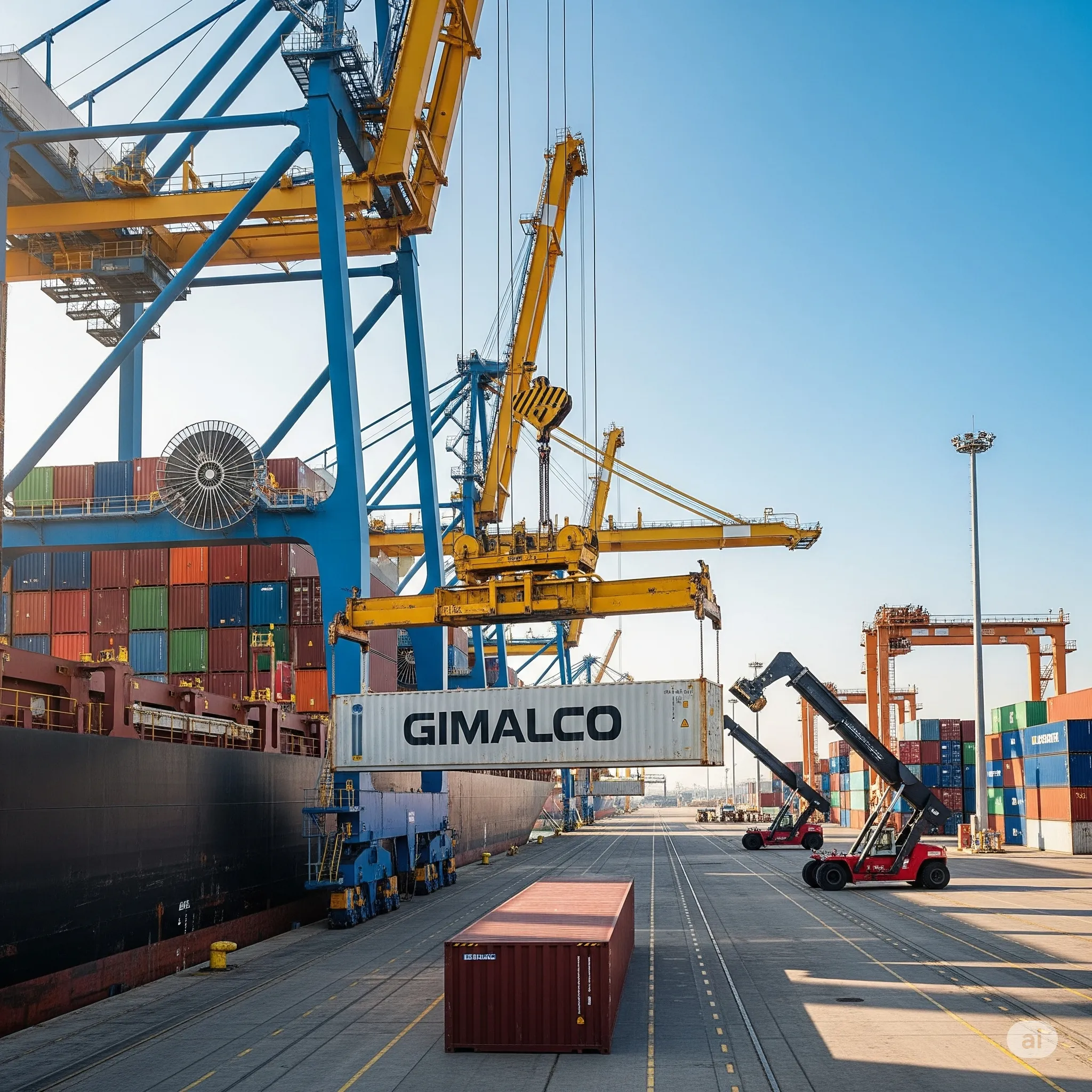 Grúas cargando un contenedor marcado con Gimalco en un terminal portuario